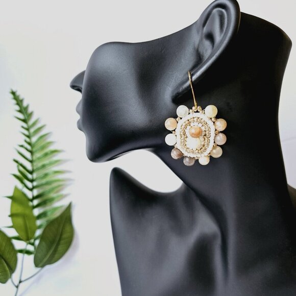 2/$27 | Peach Marble Shield Beaded Indigenous Hoop Earrings | Handmade - Picture 6 of 6